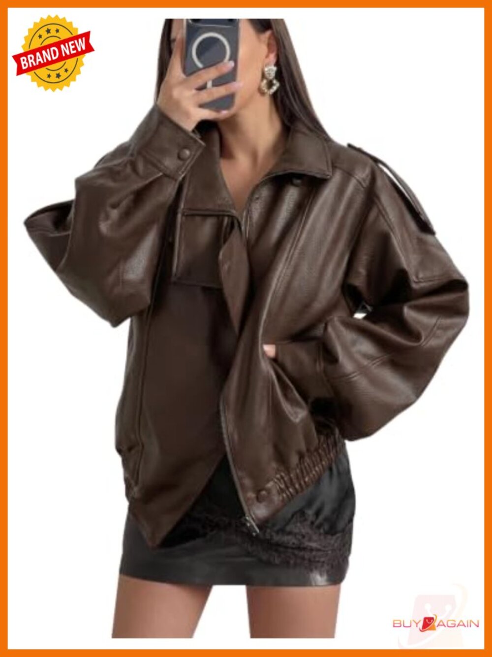 Oversized Faux Leather Jacket Funnel Neck Bomber